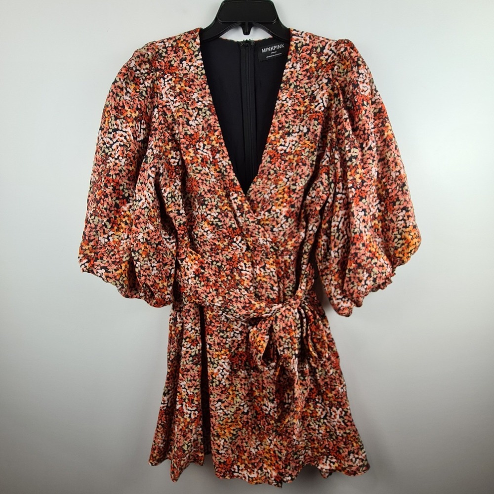 MINKPINK Gabae Womens Orange Floral Puff Sleeve Surplice Wrap Mini Dress M Fall